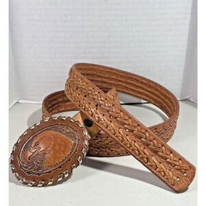 Vintage Western Golden Eagle Handcrafted Laced Leather Oval Buckle Belt